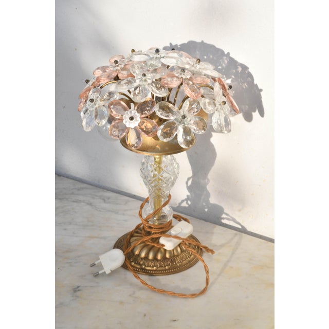 Set of 2 Larg Table Lamp Crystal Glass Flower Pink and Crystal, Brass Base, 1960 For Sale - Image 6 of 11