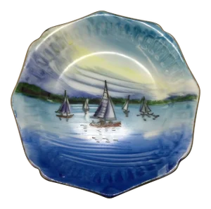 1960s Hand Painted Trinket Dish Sailboat Scene