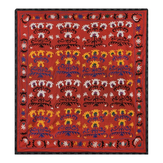 Red Cotton Suzani Wall Hanging - Vintage Bukhara Embroidery For Sale