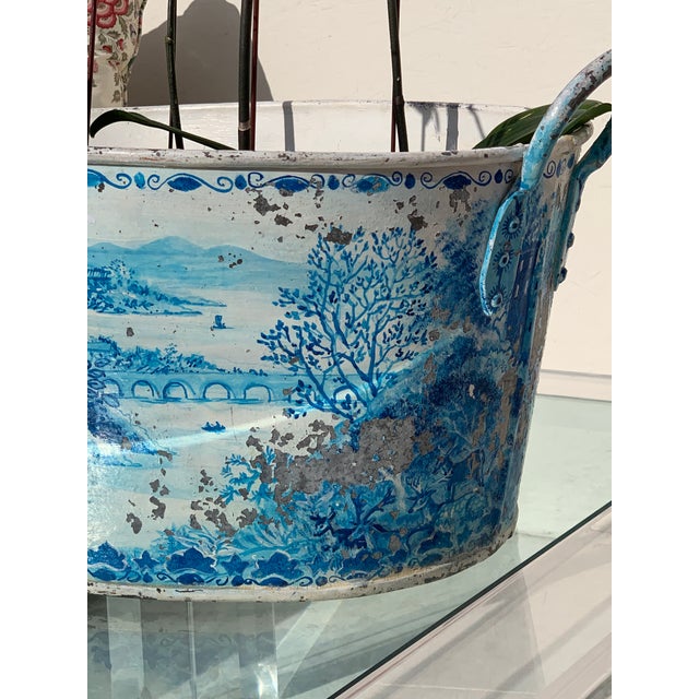 Sky Blue Blue Tole French Style Chinoiserie Planter For Sale - Image 8 of 12