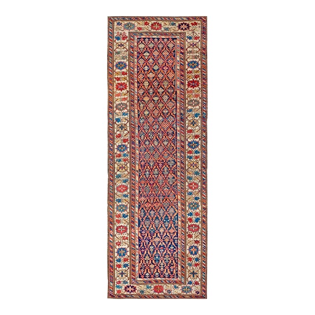 1890s Blue Navy Geometric Antique Caucasian Shirvan Runner Carpet 3'3" X 9'3" Handknotted Wool Rug For Sale