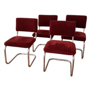 Vintage Burgundy Ribbed Velvet Chrome Cantilever Dining Chairs, Set of 4 For Sale