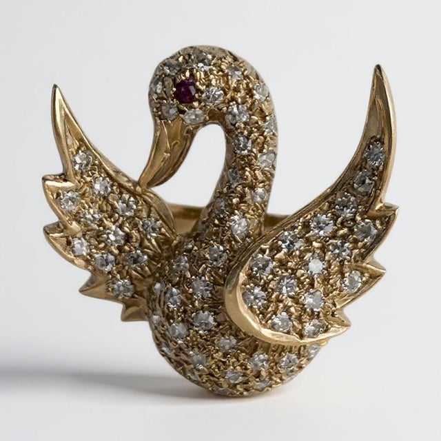 Metal Vintage 14k Yellow Gold Swan Brooch With Diamonds and Rubies For Sale - Image 7 of 12