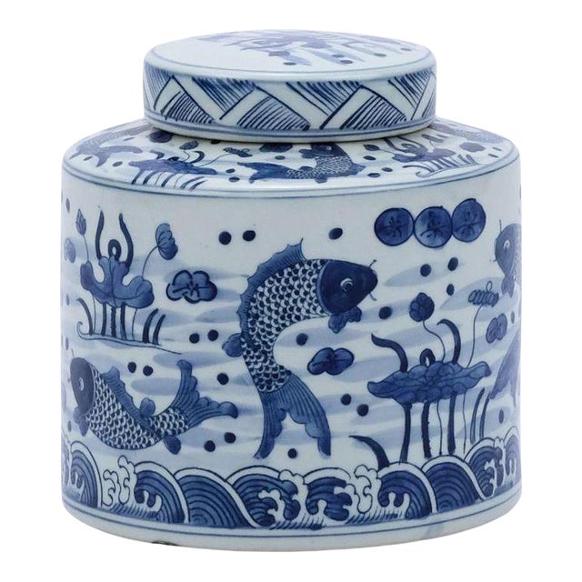 Fish Cylinder White & Blue Tea Jar For Sale