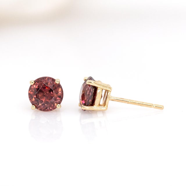 2020s Round 6.5mm - Red Zircon Solitaire Studs: 14k Solid Gold, 4-Prong Setting For Sale - Image 5 of 7