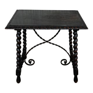 19th Spanish Side or Coffee Table With Iron Stretcher and Solomonic Legs For Sale