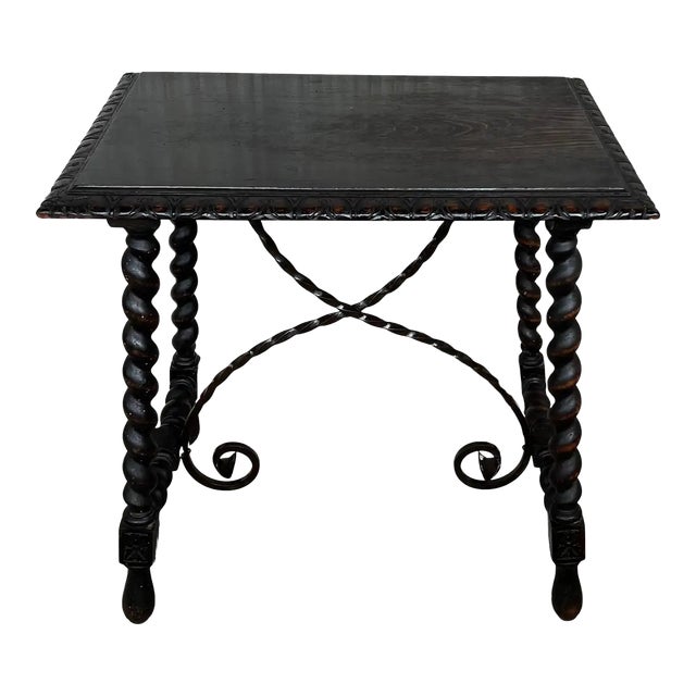 19th Spanish Side or Coffee Table With Iron Stretcher and Solomonic Legs For Sale