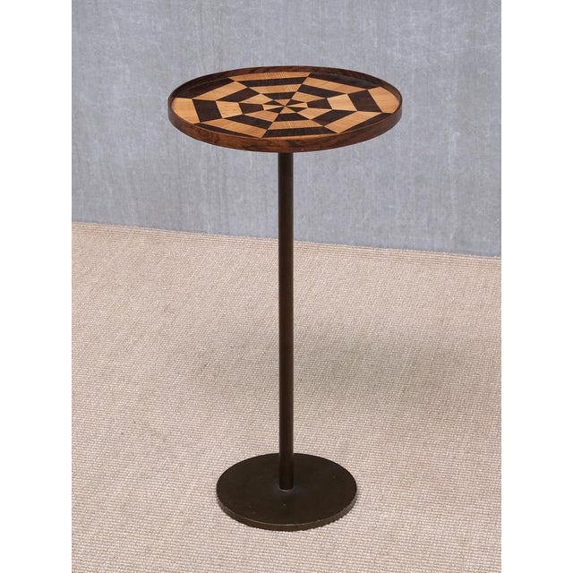 Danish Cabinetmaker Bronze Pedestal Table with Radial Marquetry Top, 1950 For Sale - Image 6 of 11