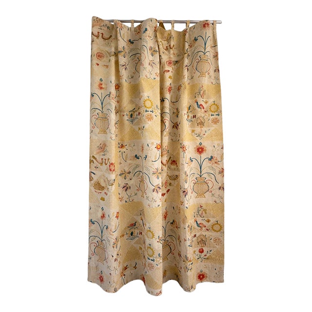 Custom Made Curtain Panel Crewel-Look Embroidered Floral Vase Cotton – Lined & Weighted, 50x54 For Sale