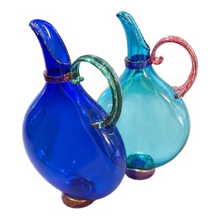 Art Glass Hand Blown Flat Transparent Pitchers Set of Two Michael Schunke Nine Iron Studios For Sale