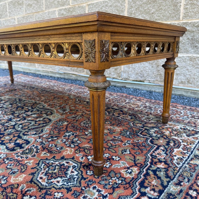 Vintage Gordon's Fine Furniture French Louis XVI Walnut Coffee Table With Italian Marble Inserts For Sale - Image 10 of 16