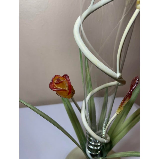 Mid-Century Modern Mid Century Tall Tole Floral Vase Glass Insert Amberina Acrylic Rose Flowers For Sale - Image 3 of 11