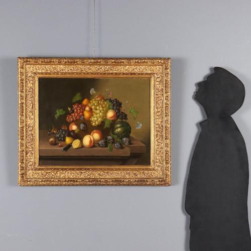 Oil on canvas. Central European School, second half of the 19th century. The composition, a basket of variegated fruit,...