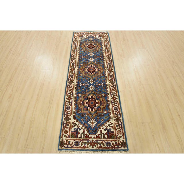 Tribal Heriz Runner 2’8” X 7’11” Blue Wool Tribal Hand-Knotted Oriental Rug For Sale - Image 3 of 12