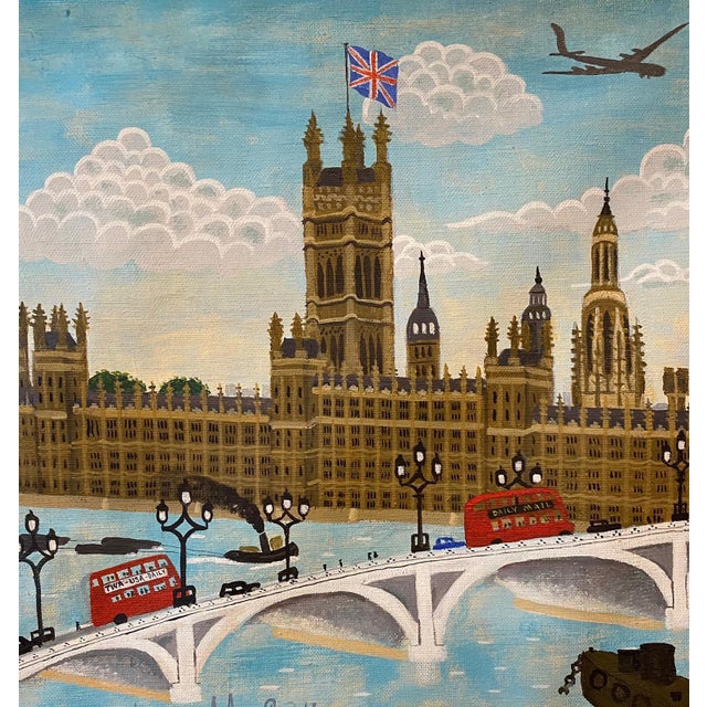 Andrew Murray, Naive London Street Scene Folk Art Oil Painting Big Ben, Parliament, Union Jack For Sale In Miami - Image 6 of 7