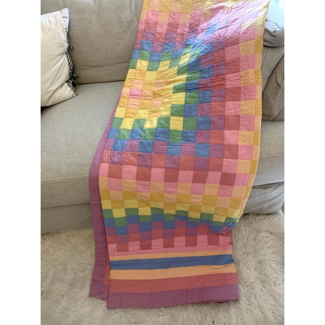 Colorful hand stitched patchwork checkered board quilt top pink yellow blue , purple, reversible to large rainbow color...