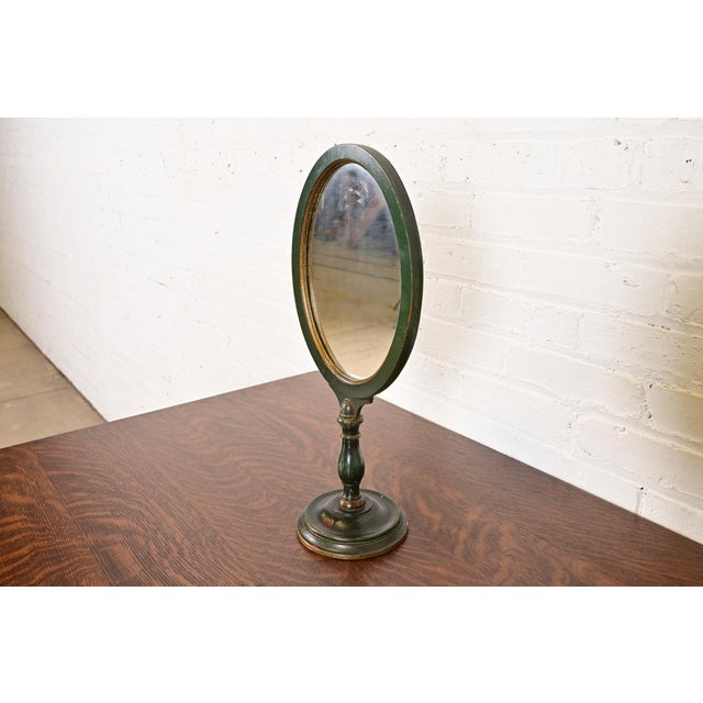French Country Stickley Brothers Antique Early American Country Cottage Green Lacquered Floral Painted Table Mirror, Circa 1920s For Sale - Image 3 of 13