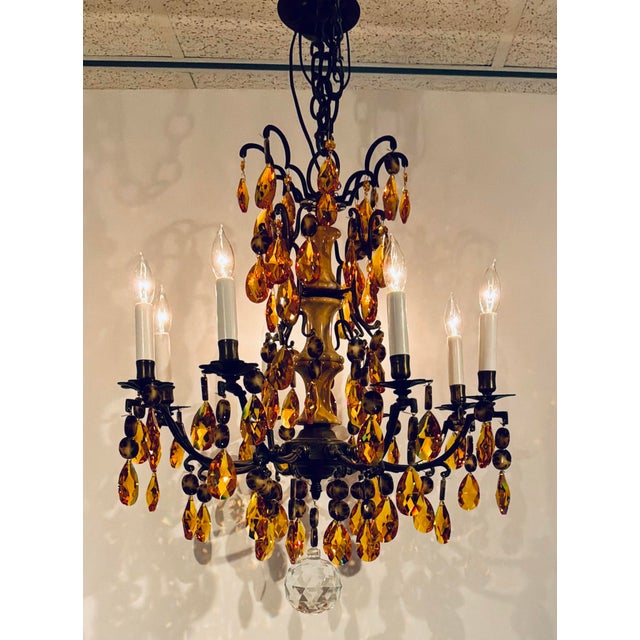 Original retail $7846, elegant Myran Allan Luxury Lighting Neoclassical Bronze and Amber Crystal Chandelier, Sanford clear...