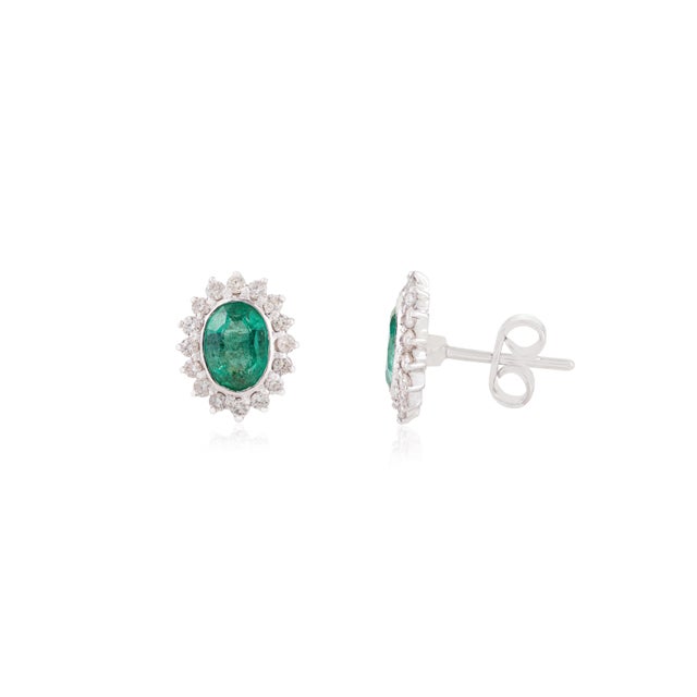 Zambian Emerald Diamond Halo Stud Earrings in 14k Gold- A Pair Gift for Mom For Sale - Image 4 of 14