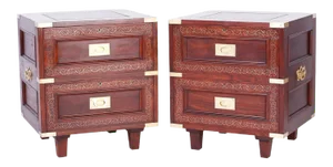 Pair of Rosewood Anglo Indian Campaign Nightstands or Chests By M.Hayat & Bros
