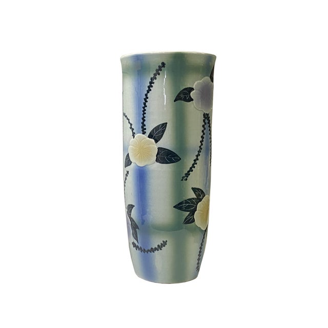 Ceramic Artistic Flower Blue Green Checker Cross Porcelain Tall Slim Round Vase For Sale - Image 7 of 9