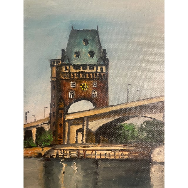 Cerulean Rustic European Still Life Rhine River Bridge Framed Original Oil Painting For Sale - Image 8 of 12