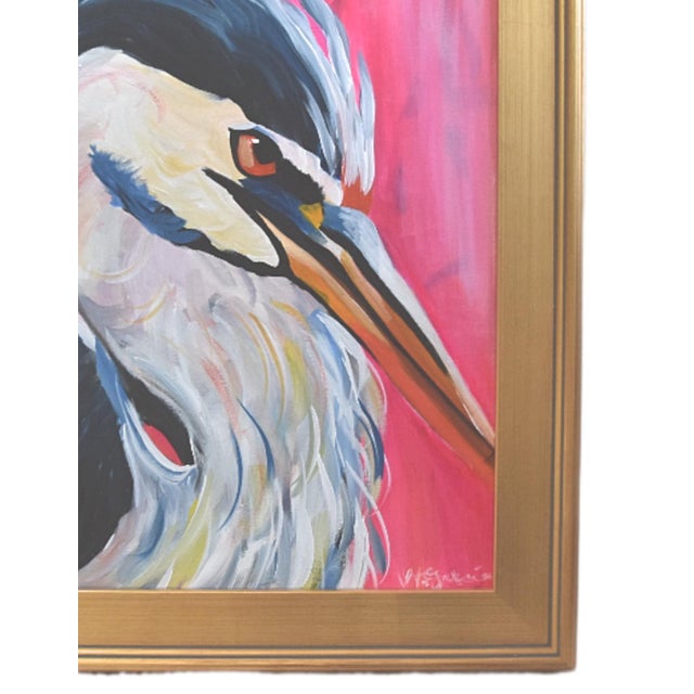 Colorful, contemporary Great Blue Heron portrait still-life acrylic painting on stretched artist canvas. Signed by the...