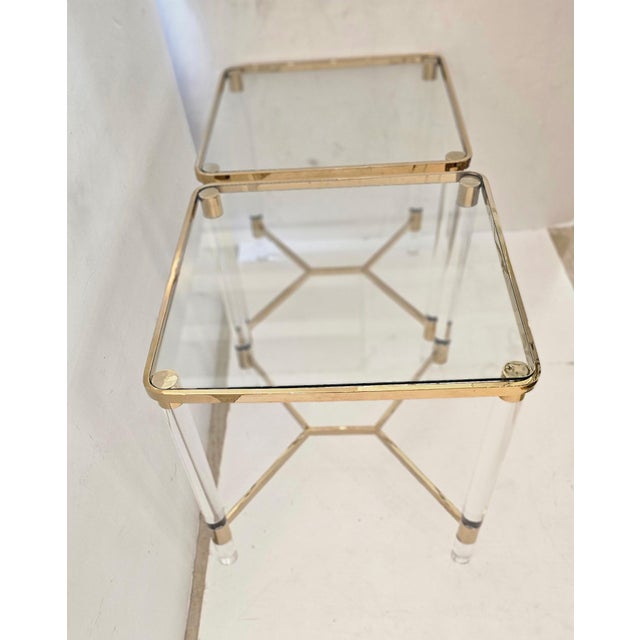 Mid-Century Modern Midcentury Modern Square Brass & Glass Endtables With Lucite Legs- A Pair For Sale - Image 3 of 7