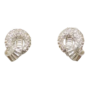 Vintage 1950s Signed Jomaz Rhodium Plated Pavé Clear Rhinestone Clip Earrings - 2 Pieces