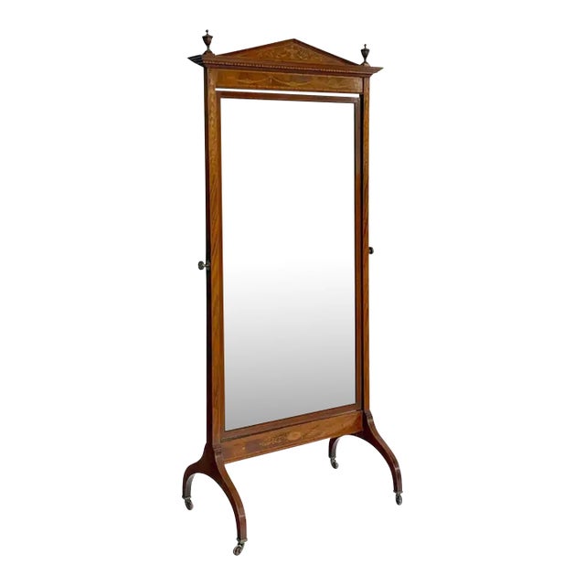 Cheval or Standing Dressing Mirror With Inlaid Mahogany Frame From England For Sale