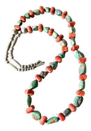 Vintage Native American Turquoise and Coral Beaded Necklace With Sterling Silver Clasp