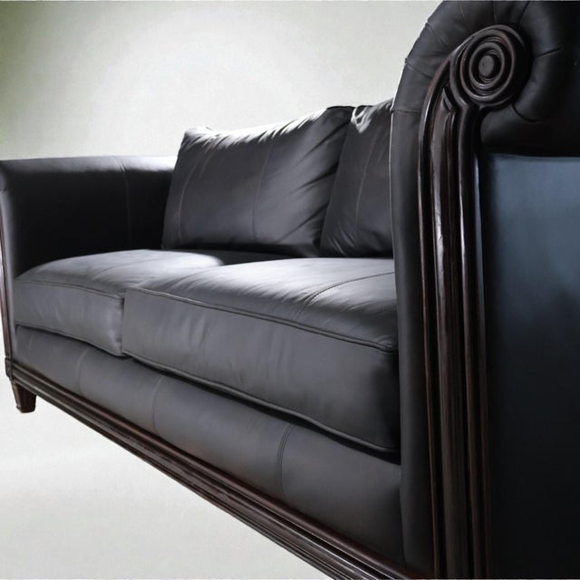 Black Leather Sofa With Carved Wood Base – Classic Rolled Arm Design For Sale - Image 9 of 9
