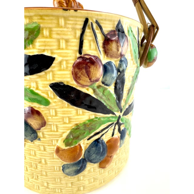 Vintage Japanese Majolica Fruit & Basket Weave Biscuit Jar With Rattan Handle For Sale - Image 9 of 13