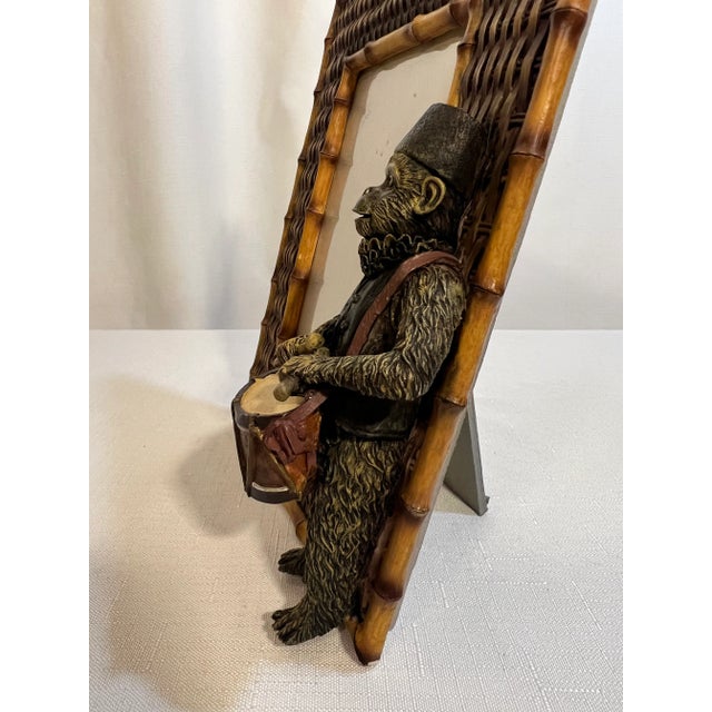 English Vintage Palm Beach Regency Bell Hop Monkey Playing Drummer Picture Frame With Faux Bamboo and Wicker Accents For Sale - Image 3 of 10