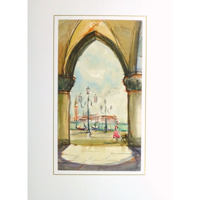 Stephane Magnard, Vintage Watercolor Landscape Painting - View of Venice For Sale - Image 4 of 5