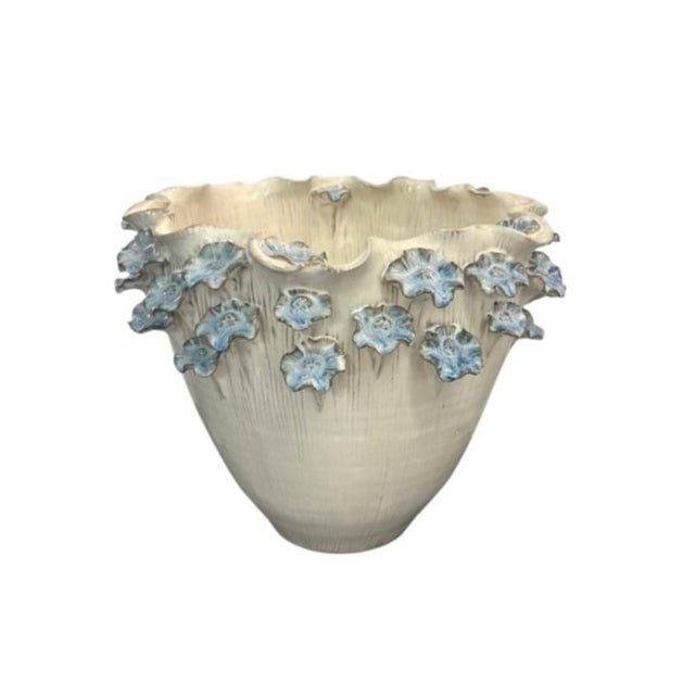 2000 - 2009 Vintage Italian Art Pottery Urn Planter With Applied Blue Floral Appliqués and Scalloped Rim For Sale - Image 5 of 12