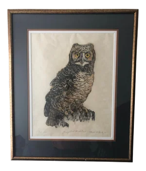 1975 Martha Cawley Owl Woodblock, “Young Great Horned Owl”, #1/100, Framed
