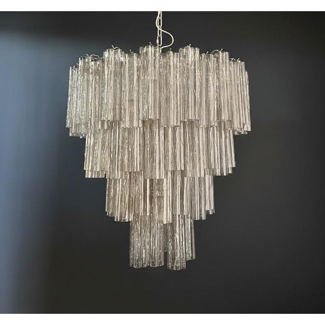 Italian vintage chandelier in Murano glass and nickel plated metal structure on 4 levels. The armor polished nickel...