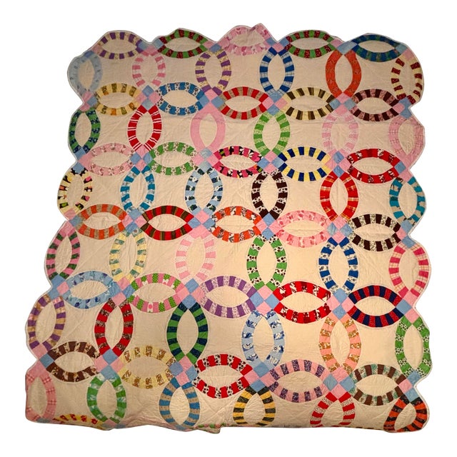 Vintage Hand Stitched Double Wedding Ring Quilt Twin Size From 1920s