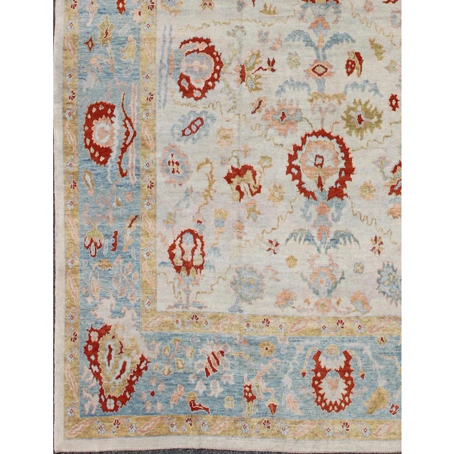 Tribal Large Angora Oushak Turkish Rug With All Over Design in Light Blue, Ivory & Red For Sale - Image 3 of 13