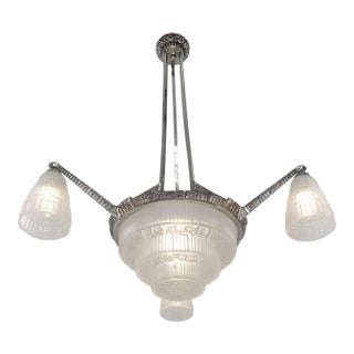 Cherrier & Besnus & Hanots French Art Deco Chandelier 1930s - Stepped Glass & Nickel For Sale