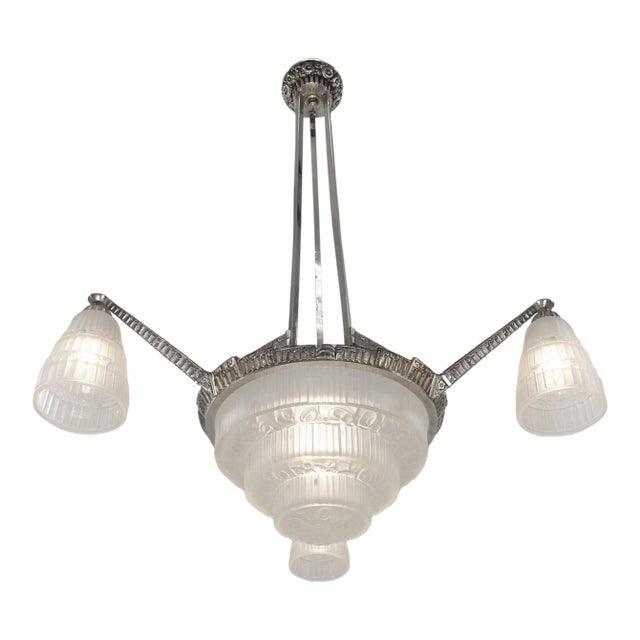 Cherrier Besnus & Hanots French Art Deco Chandelier 1930s - Stepped Glass & Nickel For Sale