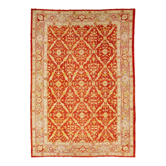 Handmade Red Turkish Oushak Wool Rug Featuring a Floral Pattern From the 1880's For Sale