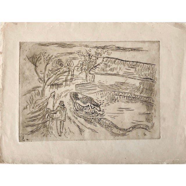 Medium: etching Surface: paper Country: United States Signed in plate with initial G. Black and white illustration of a...