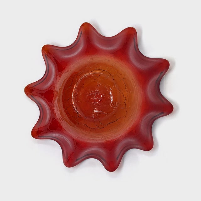 Vintage Mid Century Amberina Crackle Glass Ruffled Bowl For Sale - Image 4 of 4