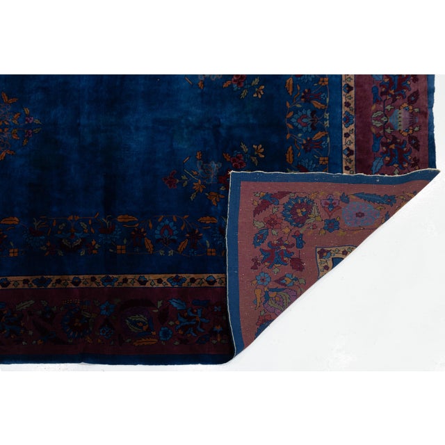 Art Deco Early 20th Century Antique Chinese Art Deco Wool Rug in Cobalt Blue & Plum For Sale - Image 3 of 12