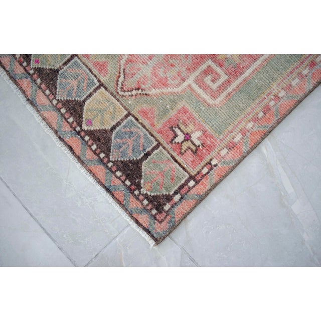 Textile Hand-Knotted Turkish Petite Rug Low Pile Faded Colors DoorMat Yastik Rug - 20'' X 44'' For Sale - Image 7 of 13