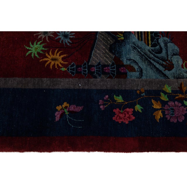 Textile 8 X 10 Antique Handmade Chinese Art Deco Wool Rug in Red With Traditional Design For Sale - Image 7 of 12