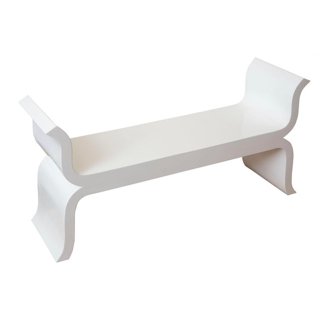 1990s Regency Style White Lacquered Over Wood Scrolled Curved Bench Restored 90's For Sale - Image 5 of 7