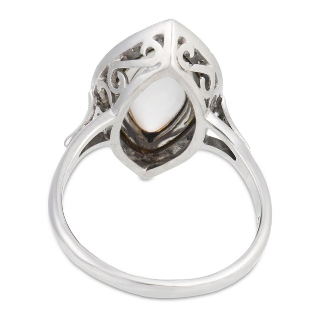 Vintage Moonstone Diamond 18k White Gold Enamel Navette Ring, Size 9.75 For Sale In Los Angeles - Image 6 of 7